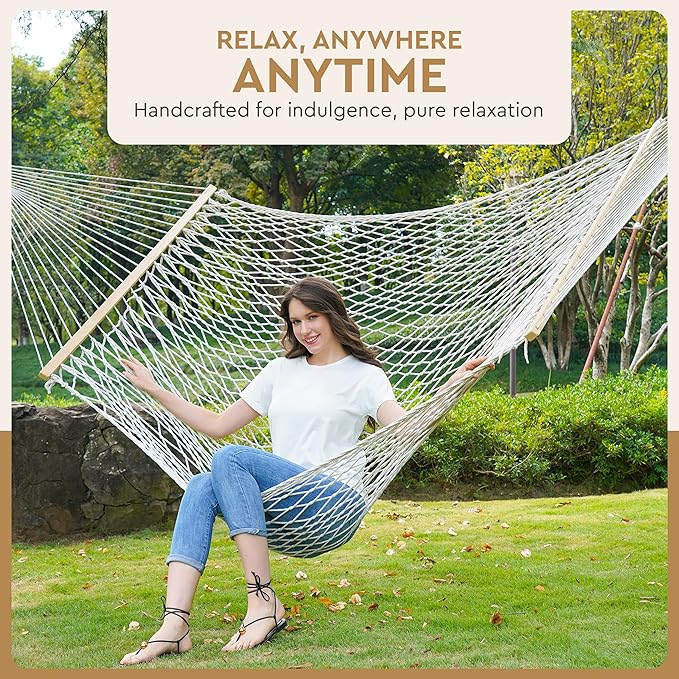 Double Rope Hammock with Hardwood Spreader Bars – Cotton Rope Outdoor Hammock for Patio Backyard Camping Trees – 2 Person Heavy Duty 400 lb Capacity with Carry Bag