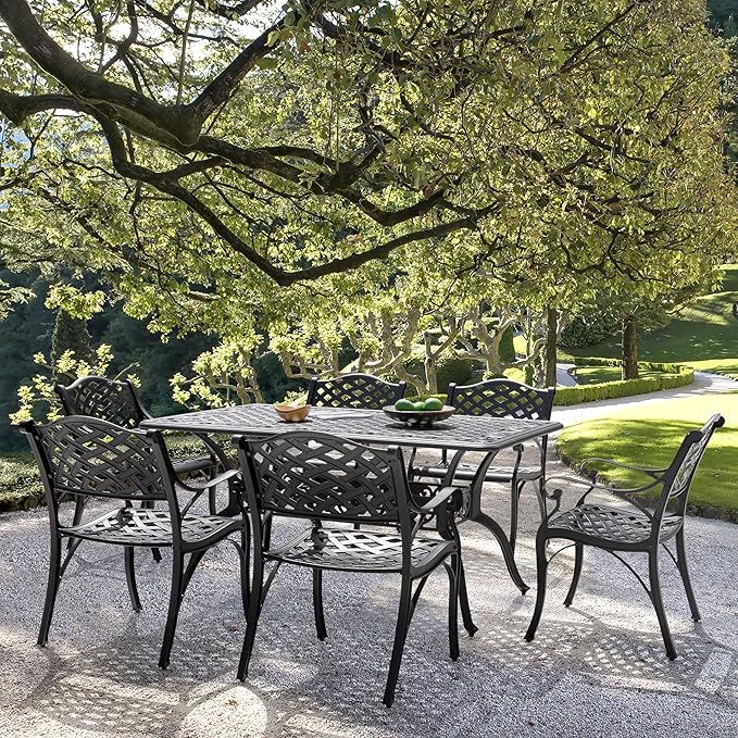NUU GARDEN 7 Pieces Outdoor Patio Dining Sets, Cast Aluminum Rectangle Patio Table with Umbrella Hole and 6 Bistro Chairs, Armrest Dining Chairs and Bistro Table for Balcony, Backyard, Black