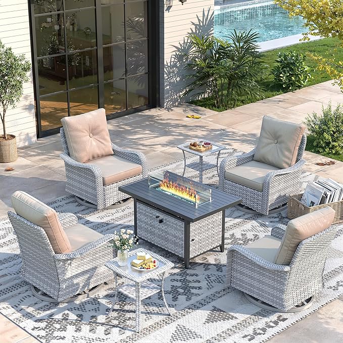 7 Piece Wicker Patio Furniture Set with 55,000 BTU Fire Pit Table, Swivel Rocking Chairs, 4''Cushions, PE Rattan, Wind Guard Glass, for Backyard, Deck or Balcony, Beige