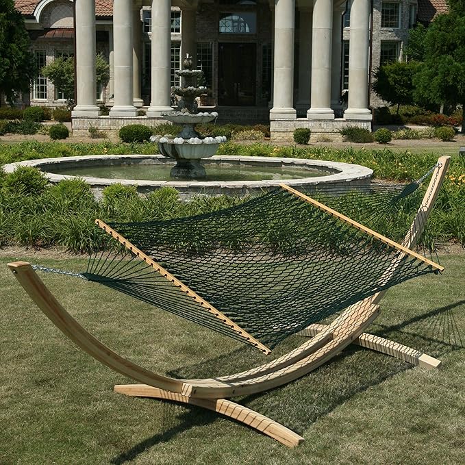 Hatteras Hammocks Deluxe Green DuraCord Rope Hammock – 13 ft. x 60 in., 2-Person, 450 lb Capacity, Cumaru Spreader Bar, Zinc-Plated Hardware – Handcrafted in The USA