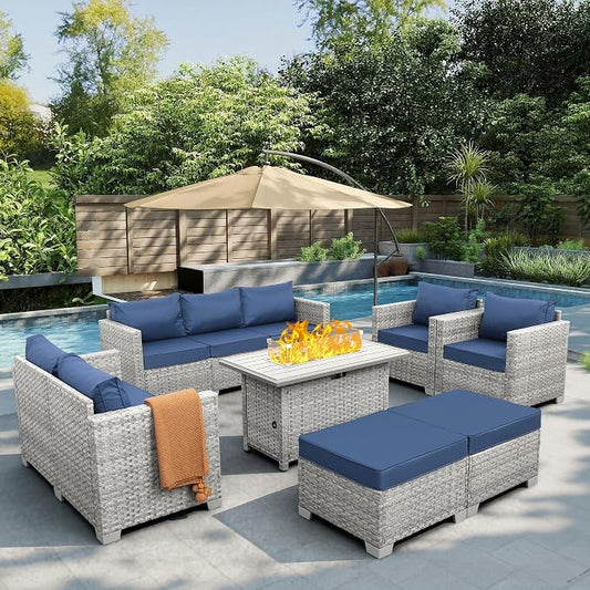 WAROOM Patio Furniture Set 7 Piece Grey Wicker Outdoor Conversation Sets PE Rattan Sectional Sofa with Propane Fire Pit Table and Anti-Slip Navy Blue Cushion