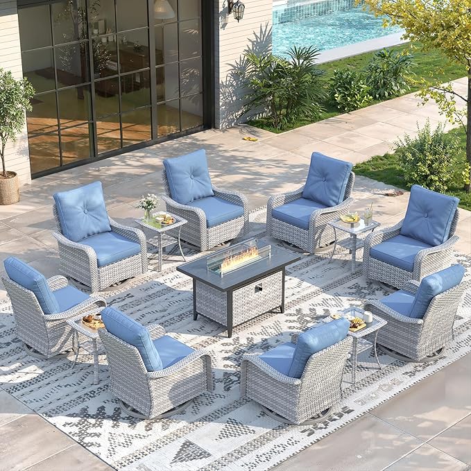 13 Piece Wicker Patio Furniture Set with 55,000 BTU Fire Pit Table, Swivel Rocking Chairs, 4''Cushions, PE Rattan, Wind Guard Glass, for Backyard, Deck or Balcony, Navy