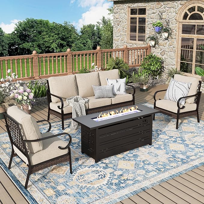 Patio Furniture Set with Fire Pit Table, 4 PCS Metal Outdoor Conversation Set with 5.75'' Extra Thick Cushion, 2 Chairs, 3-Seat Sofa and Gas Fire Pit Table, Beige