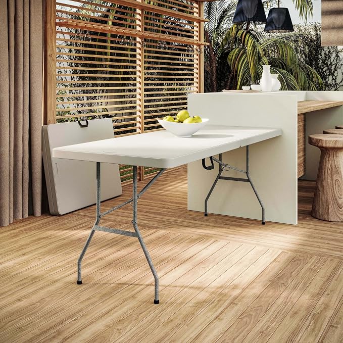 6 FT Granite White Folding Table with Easy- Carry Handle – Premium 6 Foot Folding Table Ideal for Camping, Picnic, Party or Home Use