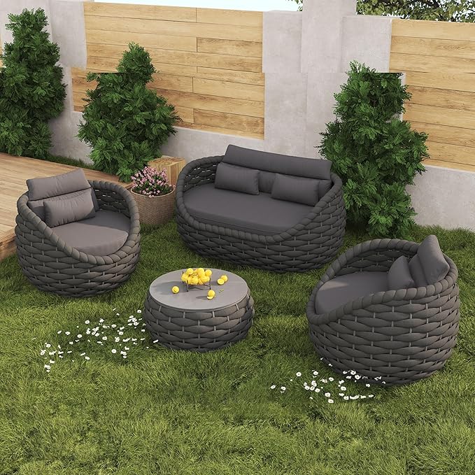 Patio Sofa Set for Outdoor and Indoor Use All-Weather Textilene 4 Pieces Conversation Set, Sectional Sofa and Coffee Table Aluminum Frame Garden Furniture (Dark Grey)