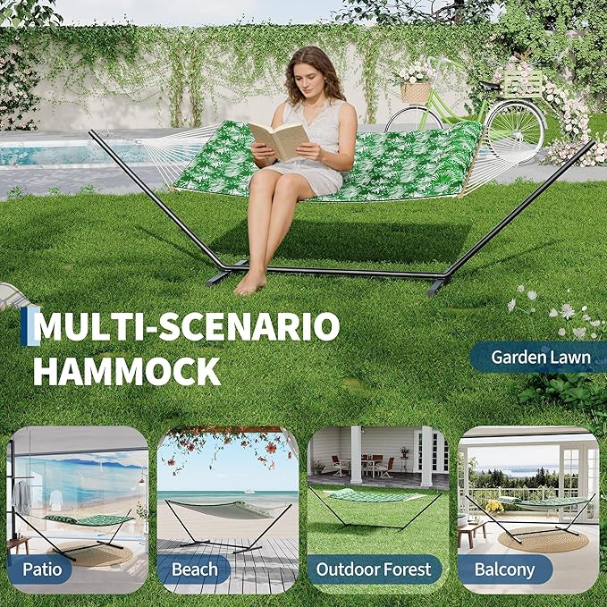 Double Hammock with Stand Curved-Bar Hammock, 450LBS Capacity, 2 Person Large Hammock, Indoor and Outdoor Hammock, Perfect for Backyard Patio Beach