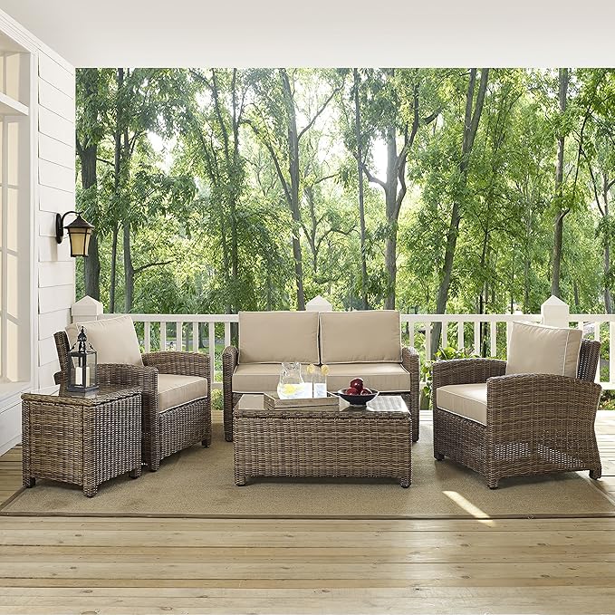 Crosley Furniture Bradenton 5-Piece Outdoor Loveseat Patio Furniture Set, Wicker Conversation Sets for Porch, Brown with Sand Cushions