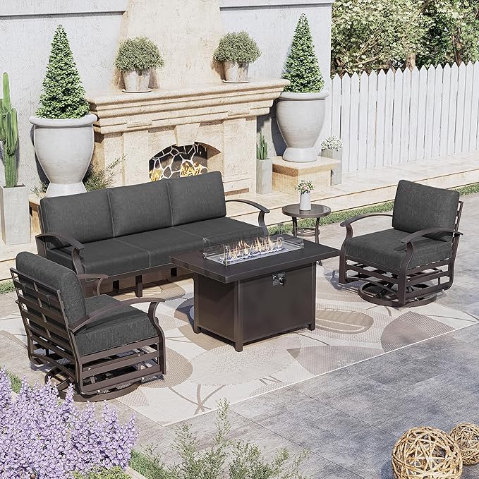 Kurapika Aluminum Patio Furniture Set 5-Seat Modern Metal Outdoor Conversation Sets w/45in Propane Fire Pit Table, Swivel Rocking Chairs Patio Sectional Sofa w/5.1 Inch Cushion, Black