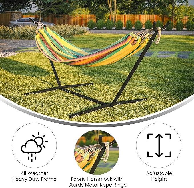 Flash Furniture Lola 2 Person Hammock with Stand and Premium Carry Bag, Cotton Hammock with Space Saving Steel Stand, 450 LBS. Static Weight Capacity, Tropical Multi