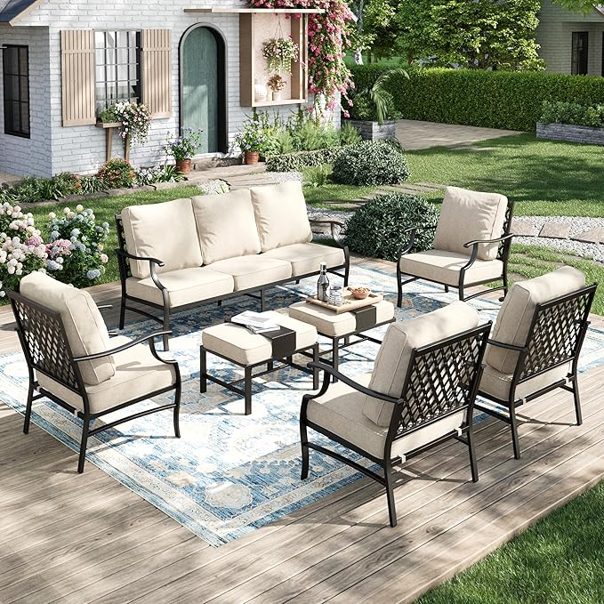 Patio Furniture Set 7 pcs, Outdoor Patio Furniture, 3-Seat Sofa, 4 Single Chairs, 2 Ottomans and 5.75" Extra Thick Cushion, Patio Conversation Set for Garden Backyard Deck,Beige