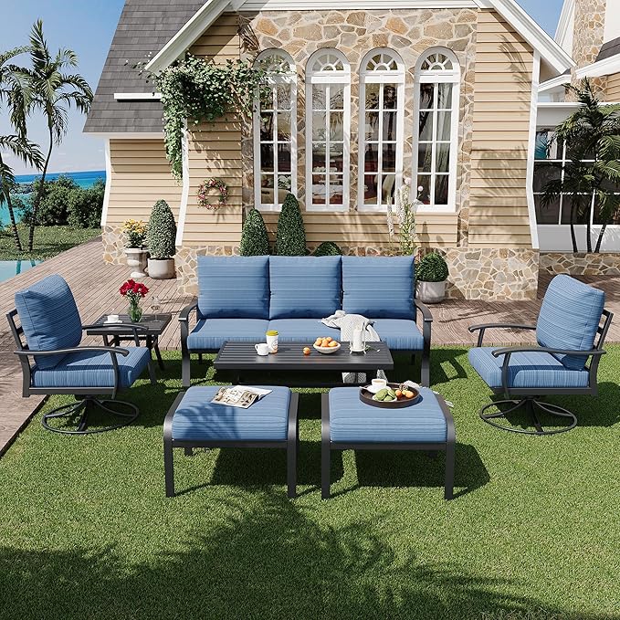HOMREST Patio Furniture Sets 7 PCS Outdoor Metal Conversation Sets, 360 Degree Swivel Rocking Chairs Patio Conversation Set with Ottomans, Coffee Side Table and 3-Seat Sofa for Garden, Deck, Poolside