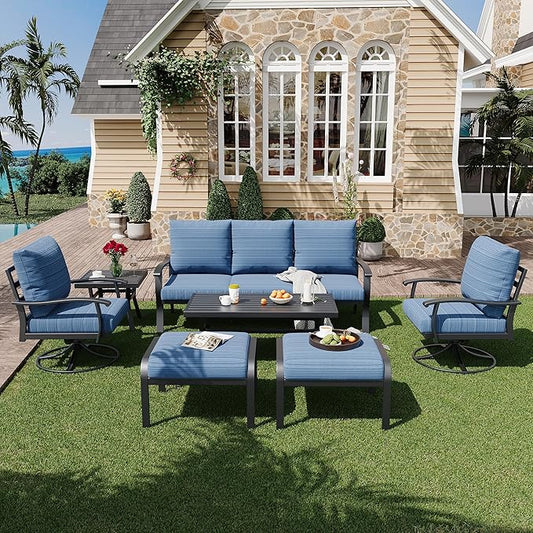 HOMREST Patio Furniture Sets 7 PCS Outdoor Metal Conversation Sets, 360 Degree Swivel Rocking Chairs Patio Conversation Set with Ottomans, Coffee Side Table and 3-Seat Sofa for Garden, Deck, Poolside