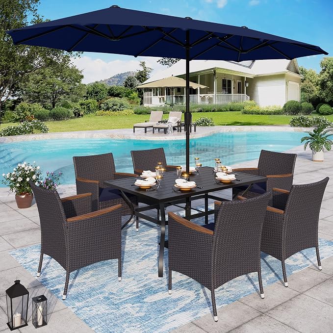Sophia & William 7 Pieces Patio Dining Set with 13ft Navy Patio Umbrella, Outdoor Dining Set for 6 People, 60" Metal Patio Table and Rattan Chairs, Outdoor Patio Furniture with Seat Cushion