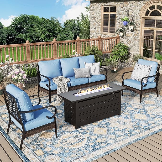 Patio Furniture Set with Firepit Table, Black Frame Outdoor Conversation Set with 2 x Fixed Chairs, 1 x 3-Seat Sofa for Lawn Garden Backyard, Blue