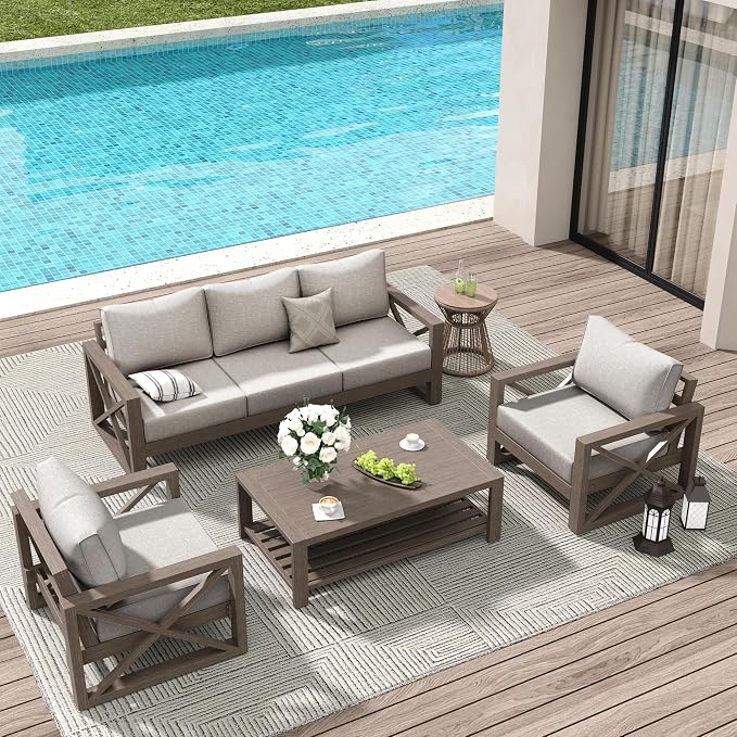Amopatio Aluminum Patio Furniture Set, 6 Pieces Modern Metal Outdoor Furniture, Faux Wood Grain Finish Frame Patio Sofa Sets with 6" Cushion for Backyard, Beige