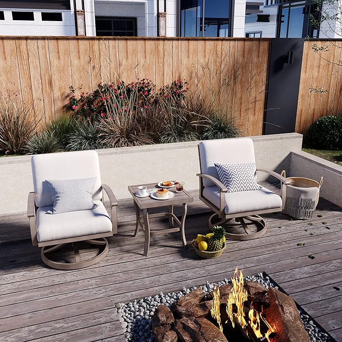 HAPPATIO Aluminum Outdoor Bistro Set - 3 Piece Swivel Rocker Patio Chairs with Thick Cushions and Side Table, Small Patio Furniture Set for Backyard Porch Balcony Front Porch (Gray)