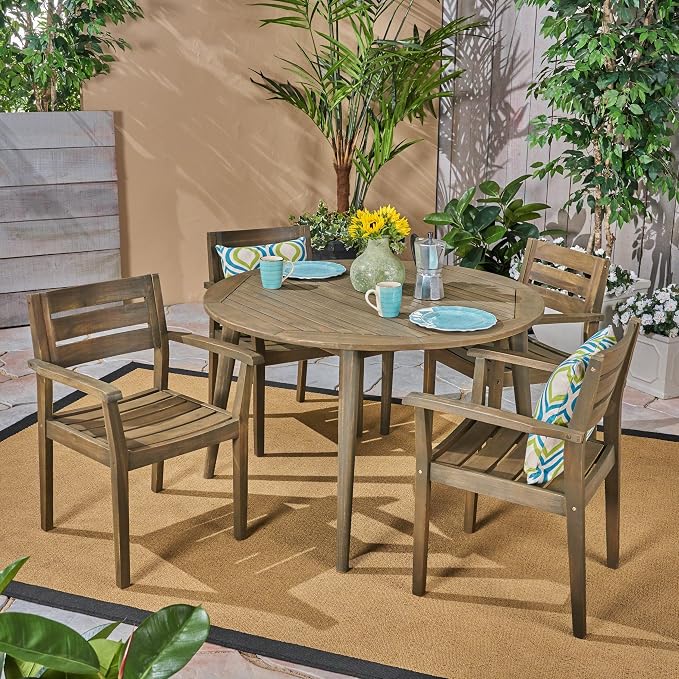 Christopher Knight Home Pag Outdoor 5 Piece Acacia Wood Dining Set with Round Table, Gray Finish