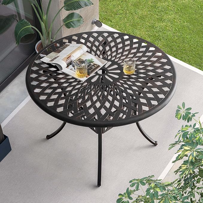 NUU GARDEN Cast Aluminum Outdoor Round Dining Table 42 Inch Patio Table with 2.24 Inch Umbrella Hole for Garden Backyard Balcony Black with Gold-Painted Edges