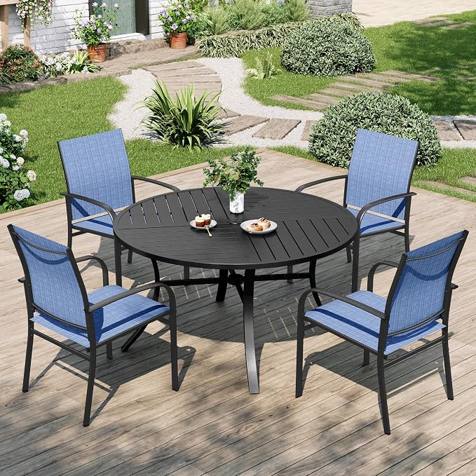 MIXPATIO Patio Table and Chairs Set for 4, 5 Pieces Outdoor Dining Set, 4 Blue Textilene Chairs and 42" Metal Round Table with Umbrella Hole, for Deck Garden Backyard Lawn Poolside