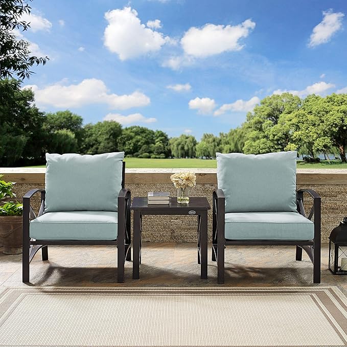 Crosley Furniture Kaplan 3-Piece Outdoor Chair and Side Table Set, Patio Conversation Sets for Porch, Deck, Oiled Bronze with Mist Cushions