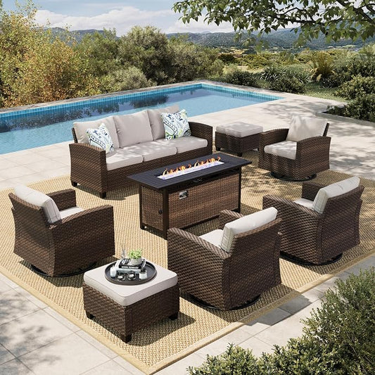 HERA'S HOUSE Swivel Glider Patio Furniture Set with Fire Pit Table, 8 Pieces Outdoor Seating Furniture Wicker Conversation Sets for Deck Backyard Lawn, Beige