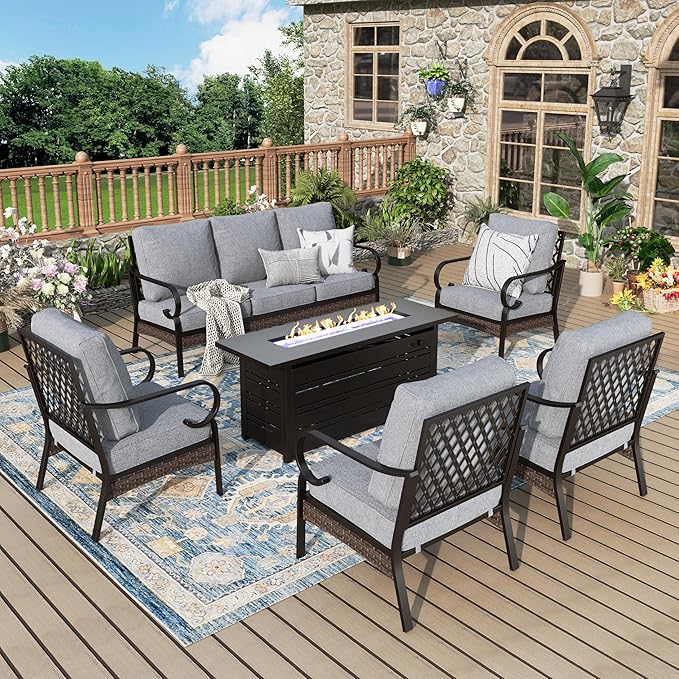 Patio Furniture Set with Firepit Table, Black Frame Outdoor Conversation Set with 4 x Fixed Chairs, 1 x 3-Seat Sofa for Lawn Garden Backyard, Grey