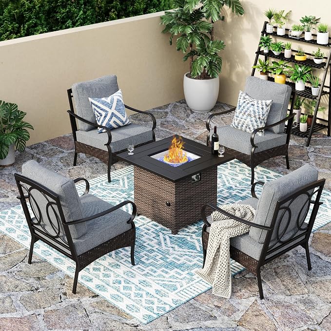 PHI VILLA Patio Furniture Set with 32" Fire Pit Table,Patio Conversation Sets 4 Fixed Chairs with Thick Cushion and 50000 BTU Fire Pit Table (5 Pieces,Grey