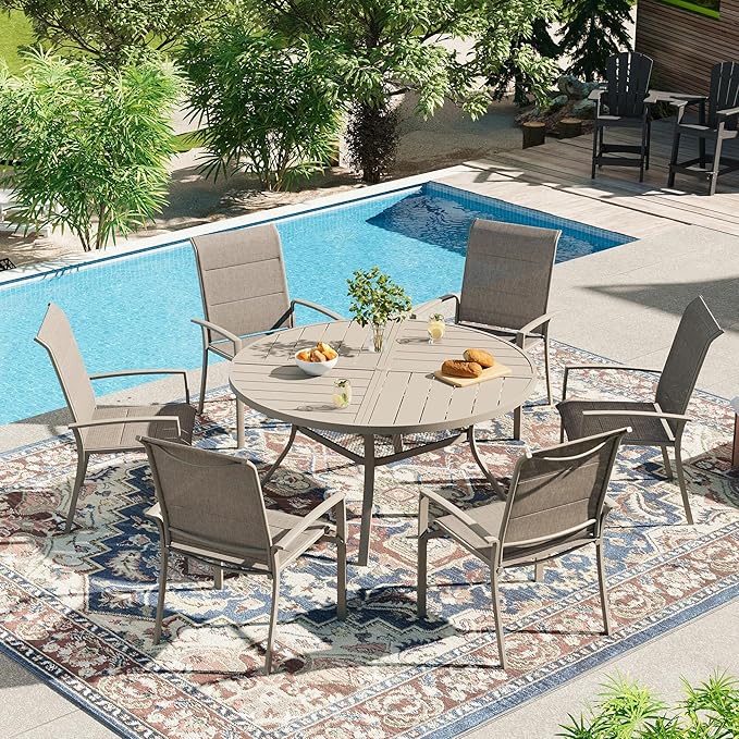 VICLLAX 7 Pieces Patio Outdoor Dining Set, 47.2" Round Metal Table with Umbrella Hole and Storage Shelf, 6 Stackable Textilene Chairs for Patio, Lawn, Garden, Porch, Black/Sandshell