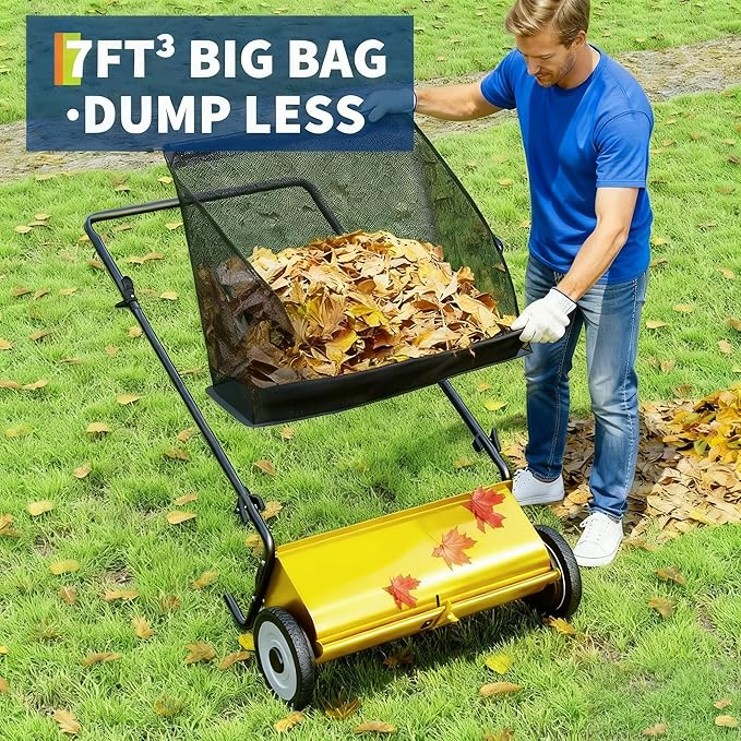 Heavy-Duty 26-Inch Hand-Push Lawn Sweeper with 7 Cu.ft. Collection Bag & Adjustable Brush Reel - Ideal for Picking Up Grass, Leaves, and Yard Debris on Any Terrain