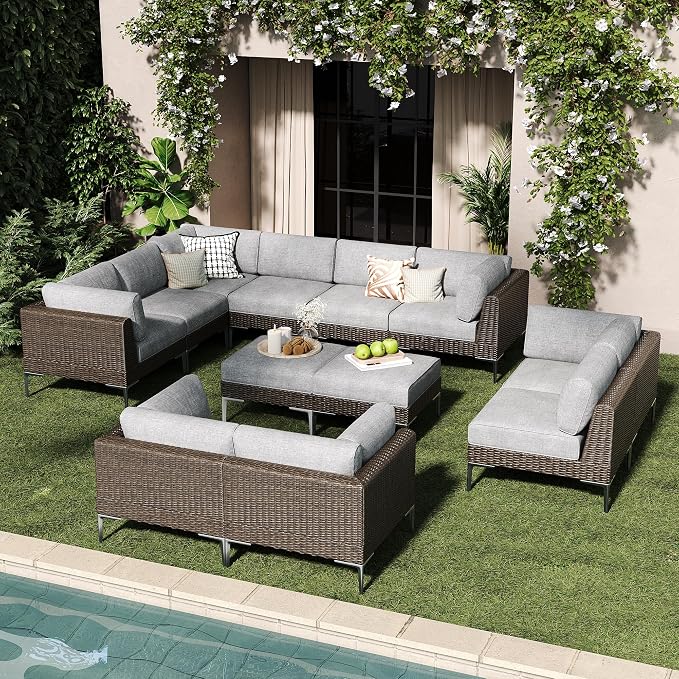 LayinSun 12-Piece Wicker Rattan Patio Furniture Set, Deep Seating Outdoor Modular Sectional Sofa Conversation Set with Thick Cushions for Lawn, Garden