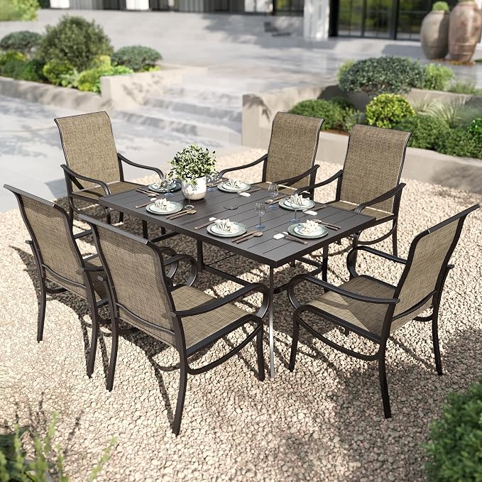 PHI VILLA 7 Pcs Outdoor Dining Set for 6, Mesh Patio Chairs & Metal Table | 59'' metal rectangular table with umbrella hole and 6 breathable textilene chairs, designed for deck, backyard, garden