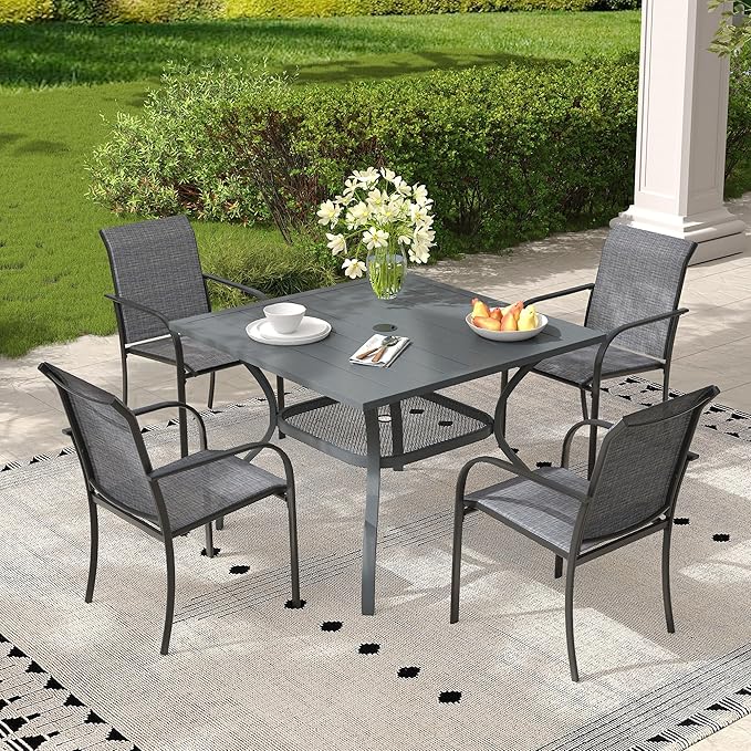 5 Pieces Outdoor Dining Set, Stackable Textilene Paito Chairs & 37.8" Square Dining Table with Umbrella Hole and Shelf, Patio Dining Set for Backyard, Deck, Garden, Grey & Dark Grey