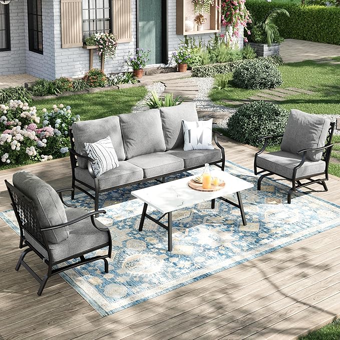 Patio Furniture Set 4 pcs, Outdoor Patio Furniture, 3-Seat Sofa, 2 Rocking Chairs, Metal Coffee Table and 5.75" Extra Thick Cushion, Patio Conversation Set for Garden Backyard Deck,Grey