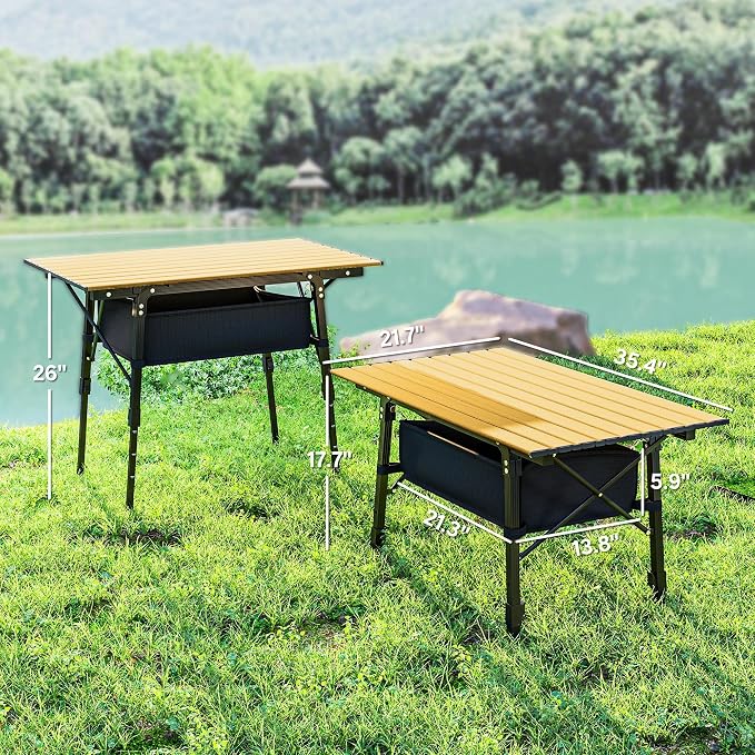 Outsunny 3ft Portable Camping Table with Storage Bag, Adjustable Height Aluminum Small Folding Table, Lightweight Picnic Table with Carry Bag for Outdoor Picnic BBQ Backyards Beach, Brown