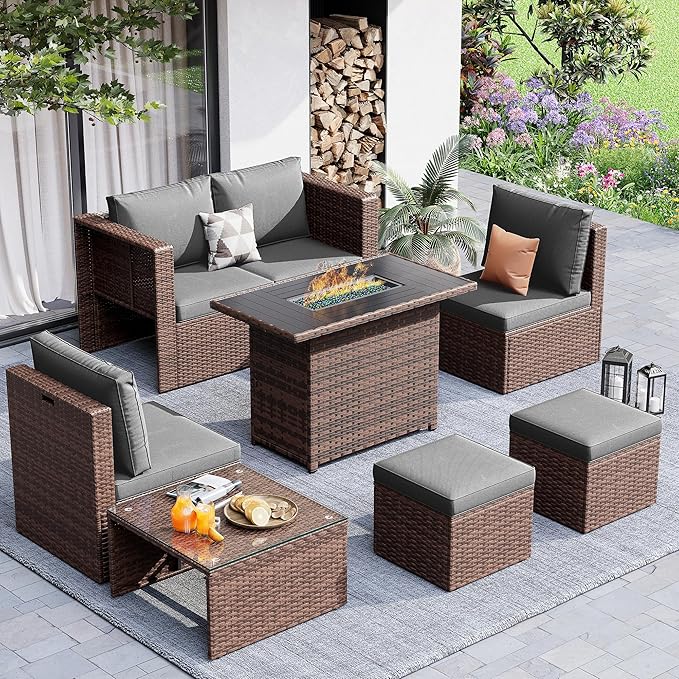 Amopatio Patio Furniture Set with Fire Pit Table, All-Weather Wicker Outdoor Conversation Sofa Set with Glass Coffee Table, Cushions & Ottomans for Deck Backyard Porch Lawn Brown/Dark Grey