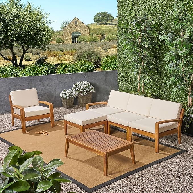 Christopher Knight Home Outdoor Acacia Wood 4-Seater Sectional Conversation Set with Ottoman and Coffee Table, Teak Finish and Beige Cushions