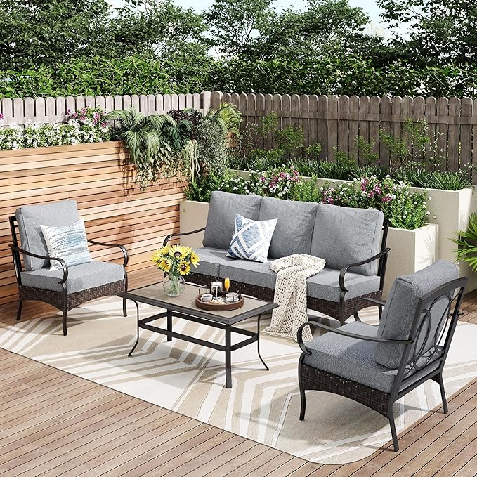 PHI VILLA Outdoor Modern Patio Furniture Set, Upgraded Wicker & Metal Patio Furniture Conversation Set with Waterproof Thick Cushions for Porch, Poolside, Yard (4 Pieces,Grey)