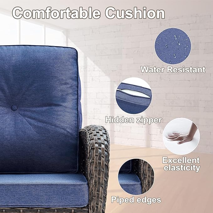 Belord Patio Furniture Swivel Glider PE Wicker Chairs, Outdoor Swivel Rocker Seating with Cushions for Porch Deck Balcony, Brown Wicker Blue Cushion