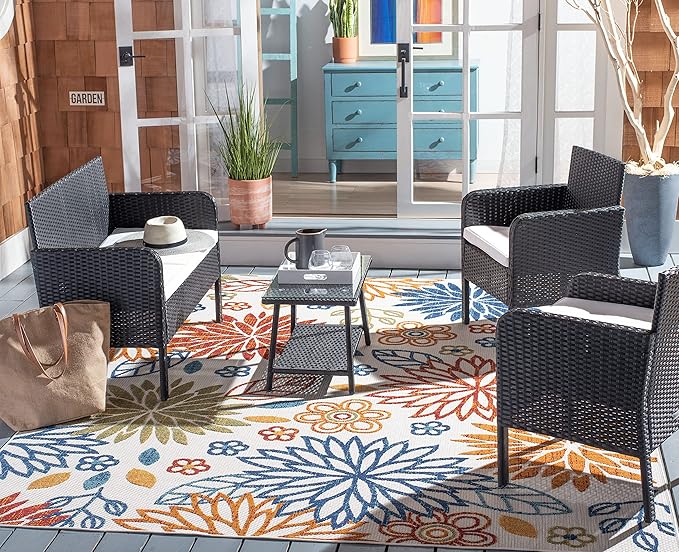 SAFAVIEH PAT7505A Collection Aboka Black and Beige 4-Piece Outdoor Living Patio Set