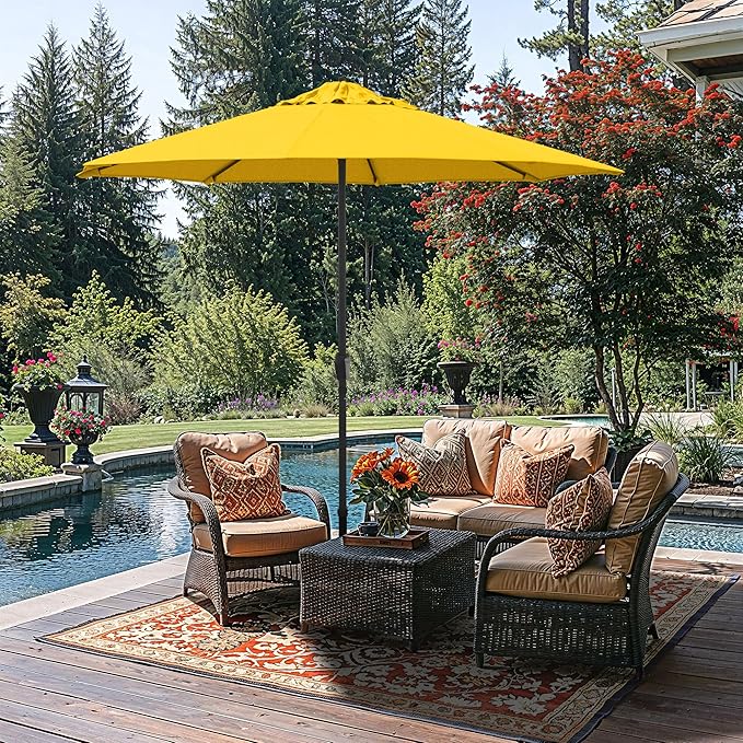 California Umbrella 8-Year Protection 9 Ft Outdoor Patio Umbrella, Solstice Fade-Resistant Fabric, Auto-Tilt, Heavy Duty Aluminum Frame, 8 Reinforced Ribs for Pool or Deck, Black Pole, Lemon