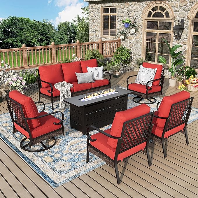 Patio Furniture Set with Fire Pit Table, Metal Outdoor Conversation Set with 5.75'' Extra Thick Cushion, 2 Swivel Chairs, 2 Leg Chairs, 3-Seat Sofa and Gas Fire Pit Table, Red
