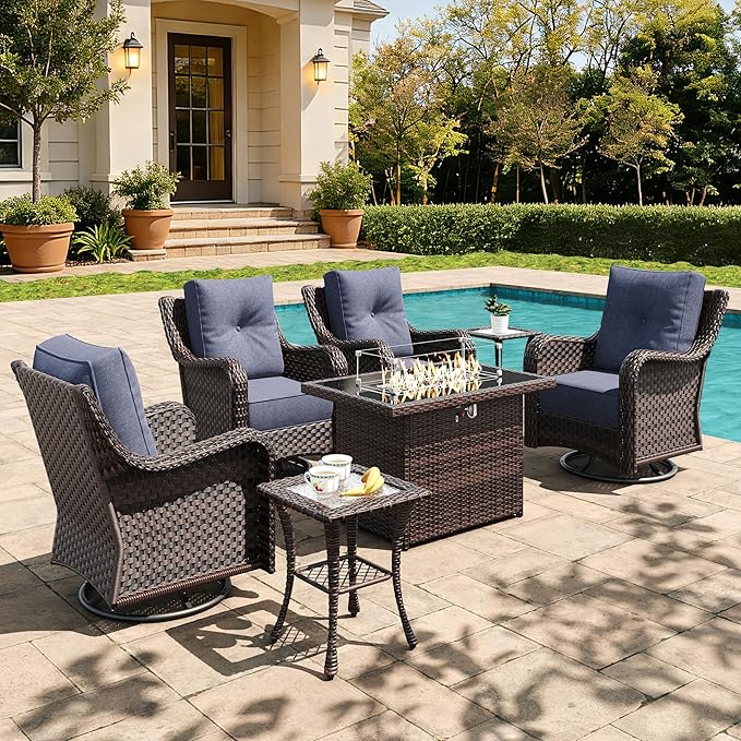7 Pieces Outdoor Furniture Set with 6-inch Cushions, High Back Wicker Swivel Rocker Chairs with Fire Pit Table, Luxury Conversation Set for Deck Patio and Poolside