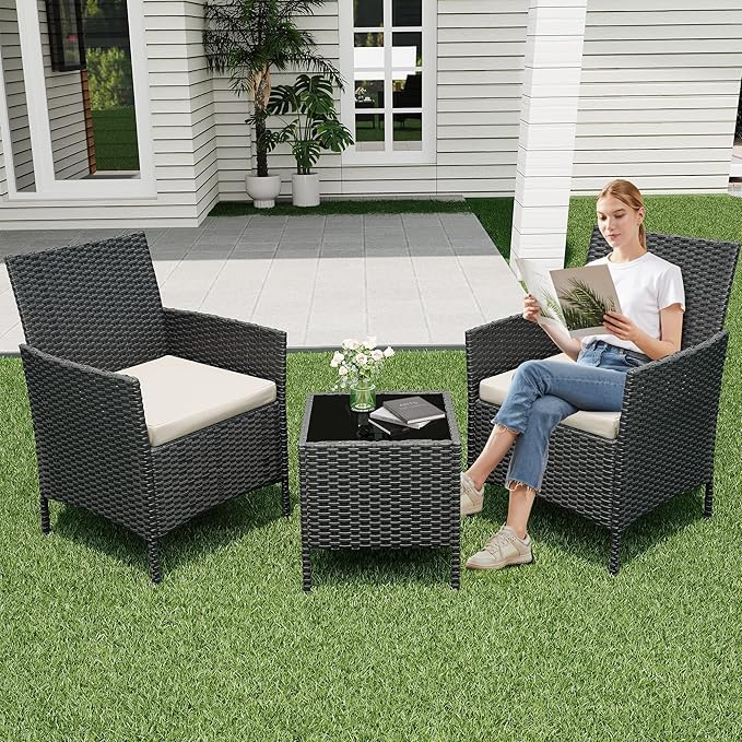GarveeHome 3-Piece Patio Bistro Set, PE Rattan Outdoor Conversation Furniture with 2 Cushioned Chairs & Coffee Table, Weather-Resistant for Backyard, Balcony, Porch (Beige Cushion)
