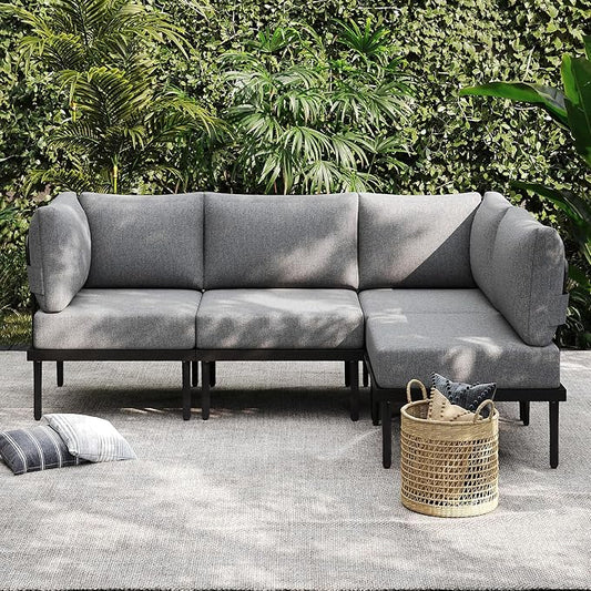 Sundale Outdoor 4 Pieces Patio Furniture Set, Metal Sectional Sofa Patio Conversation Set with 6 Inch Cushions, Modern Patio Corner Couch for Balcony, Porch, Sunroom (Grey/Dark Grey)