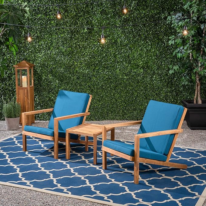 Christopher Knight Home Nick Outdoor 3 Piece Acacia Wood Chat Set, Brown Patina and Dark Teal