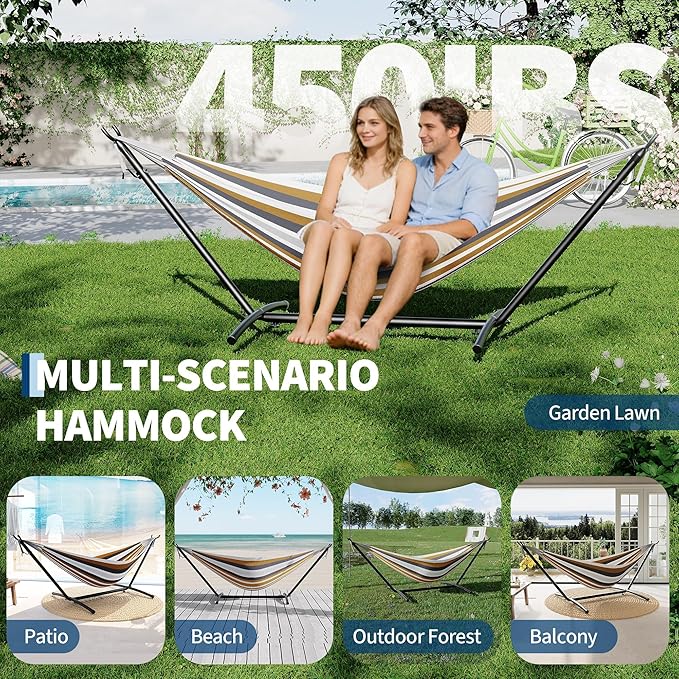 Double Hammock with Stand for Outside, 2 Person Heavy Duty Hammocks for Indoor Outdoor Patio with Carrying Bag, 450 Lbs Capacity, Space Saving Heavy-Duty Steel Stand