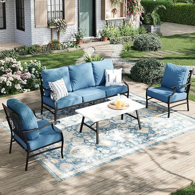 Patio Furniture Set 4 pcs, Metal Outdoor Patio Furniture, 3-Seat Sofa, 2 Single Chairs, Coffee Table and 5.75" Extra Thick Cushion, Conversation Set for Backyard Deck, Navy Blue