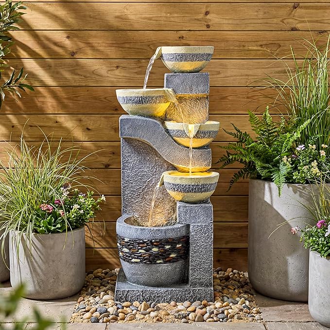 31-Inch Outdoor Water Fountain, 5-Tier Cascading Bowls Stacked Stone Design Resin Waterfall Fountain with 3 LED Lights, Home Art Decor for Garden, Patio, Yard, Porch, Deck or Balcony in Gray