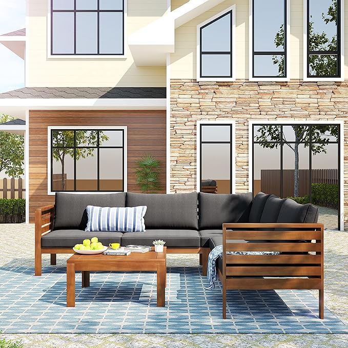 Patio Furniture 4 Pieces Conversation Sets, Acacia Wood Outdoor Sectional Furniture Conversation Sets with Cushions and Coffee Table for Garden Backyard Balcony and Porch (Gray)