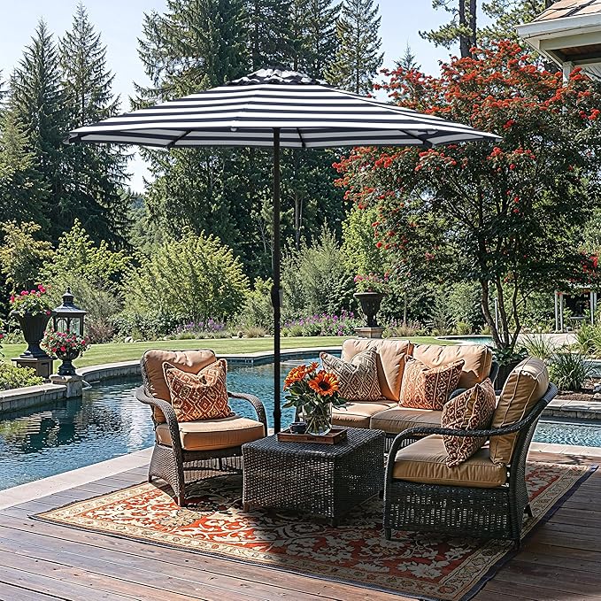 California Umbrella 8-Year Protection 9 Ft Outdoor Patio Umbrella, Solstice Fade-Resistant Fabric, Auto-Tilt, Heavy Duty Aluminum Frame, 8 Reinforced Ribs for Pool or Deck, Black Pole, Navy White Cabana Stripe